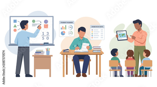 Diverse classroom scenes: teacher explaining, student learning, and geography lesson with tablet