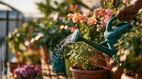 Gardener Waters Potted Plants on a Sunny Balcony During a Heatwave in an Urban Area