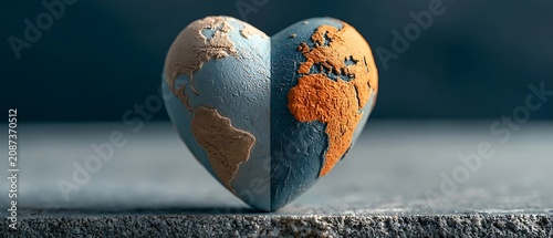 Heart shaped globe representing love for planet Earth and environmental care.
