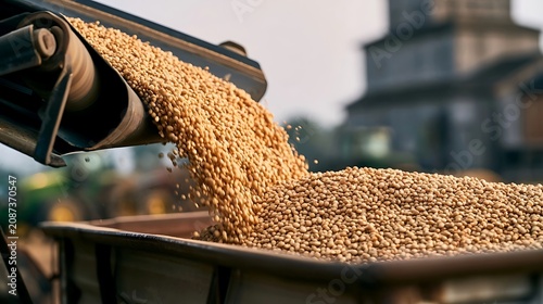 Agricultural conveyor belt pouring golden wheat grains into a large container at a farm facility.