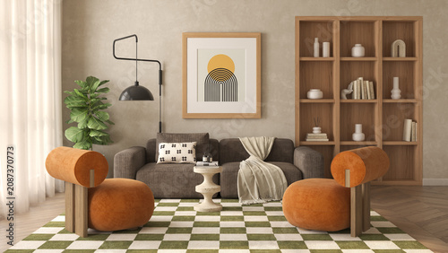 Mid century style conceptual dopamine interior room