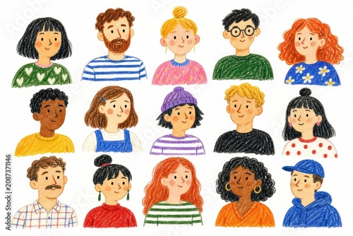 People portraits are arranged in a grid showcasing a diverse group of individuals in a colorful style.