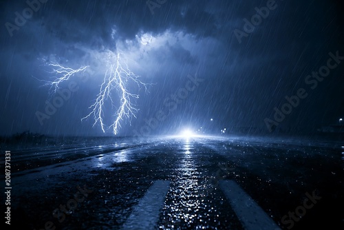 Dramatic lightning strike illuminates a wet road at night during a powerful thunderstorm.