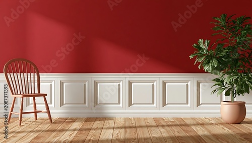 Minimalist interior with a wooden chair and a potted plant against a red wall.