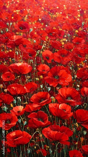 Poppies bloom across a vast summer meadow.