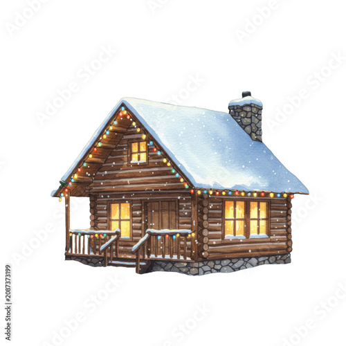 detailed watercolor of a snowy rustic log cabin with glowing christmas lights and golden window light, framed by a dark pine forest against a transparent background copy space, cozy winter holiday
