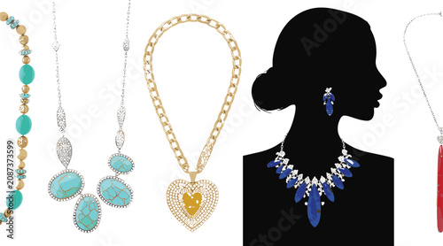 Obraz na plátně Luxury Necklace and Earrings Collection Featuring Turquoise Stones, Gold Heart P