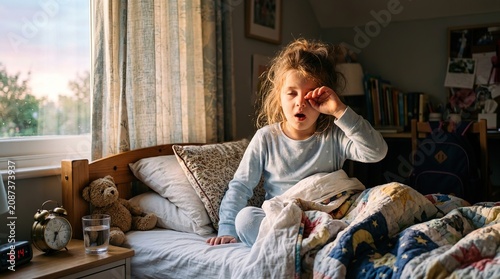 Child waking up in bed rubbing eyes