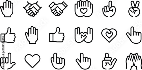 Foto Minimalist hand gesture line icon set featuring handshake partnership, thumbs up approval, heart love symbols, pointing finger, peace sign, and collaborative teamwork concepts for web design