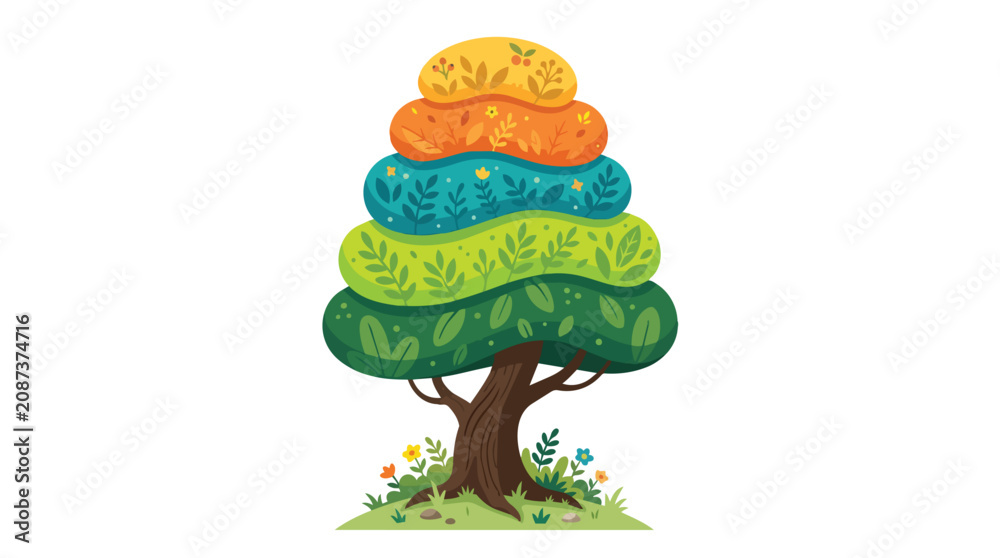 Fototapeta premium Vibrant Multi-Layered Tree Illustration with Abstract Foliage and Floral Patterns for Nature and Environment Concept