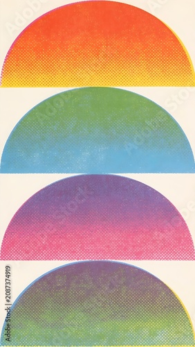 Overlapping Semi-Circles Stepped Halftone Gradient Effect 3-Color Spot Ink Palette Authentic Risograph Art Print