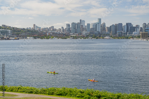 Kayakers on Lake Washington with Seattle skyline background