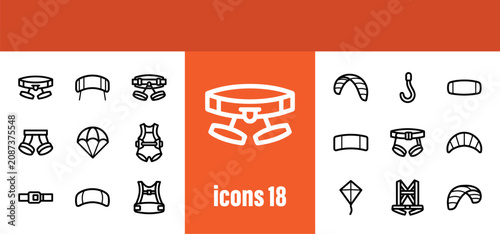 Bild auf Leinwand Extreme Sports Harness and Gear Icons Set - Kitesurfing, Skydiving, and Adventur