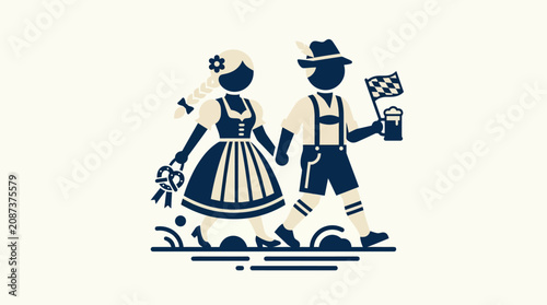 Obraz na płótnie Oktoberfest Couple in Traditional Bavarian Dress with Beer and Flag