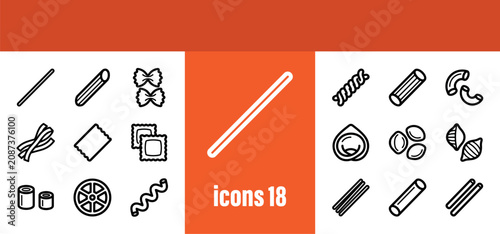 Foto Pasta Types and Italian Cuisine Line Icons Set - Spaghetti, Penne, Farfalle, Fus