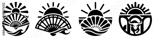 Japanese folding fan and bull head symbols with sun rays and waves in minimalist logo style