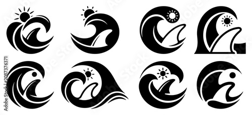 Quadro su tela Ocean wave silhouettes with shark fin and sun abstract surf logo set