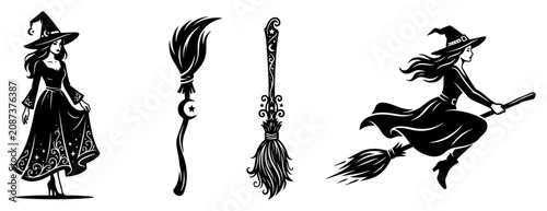 Photos Witch character set with magical broomsticks and flying silhouette for halloween