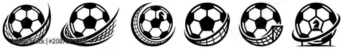 Photos Soccer ball hitting goal net icons set for sports branding in black and white
