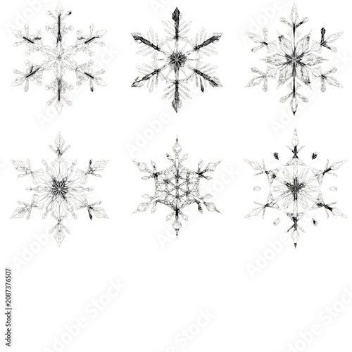 seven distinct, intricate snowflake symbols in transparent thin line art vector style against a deep void black background, neatly arranged. concept of modern minimalist winter icon collection