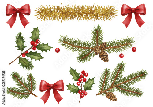 traditional watercolor illustration flat lay of elegant christmas elements: shimmering gold fir garland, crimson bows, and green pine branches on a transparent background. concept of artisanal