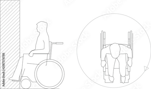Technical CAD drawing of wheelchair accessibility symbols showing a side elevation next to a wall and a top-down plan view inside a turning radius circle.