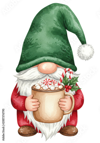 whimsical watercolor christmas gnome with long white beard and emerald santa hat, holding a ceramic mug filled with peppermint hot chocolate and marshmallows on transparent. cozy winter holiday