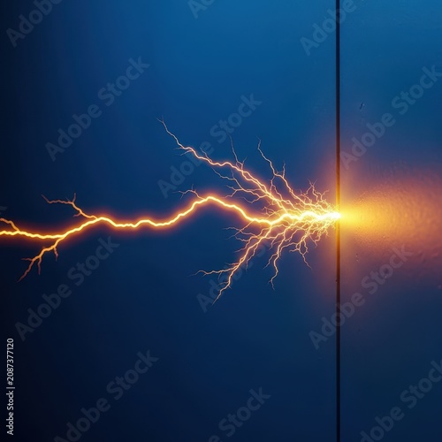 A powerful electric transient voltage spike attempts to breach a solid protective barrier, illustrating device safety and power conditioning, stability, lightning, circuit