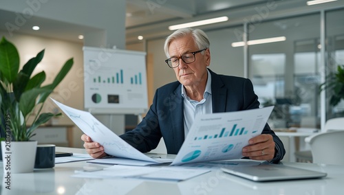 Senior businessman reviewing financial reports and charts in a modern office setting