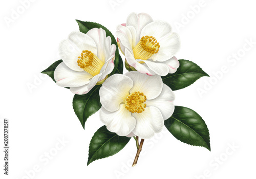 three delicate white japanese camellia flowers and dark green leaves, rendered as a hyper-detailed scientific watercolor on cold press paper against a transparent background. Concept of meticulous