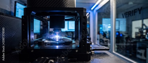 Laser engraving machine cutting lens in high-tech laboratory with blue laser beam sparks, advanced precision optical manufacturing, industrial automation equipment, and quality control concept design.