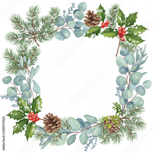 delicate watercolor square frame of snow-dusted pine, holly, and frosted eucalyptus, flat lay on white background with central copy space, traditional winter elegance atmosphere