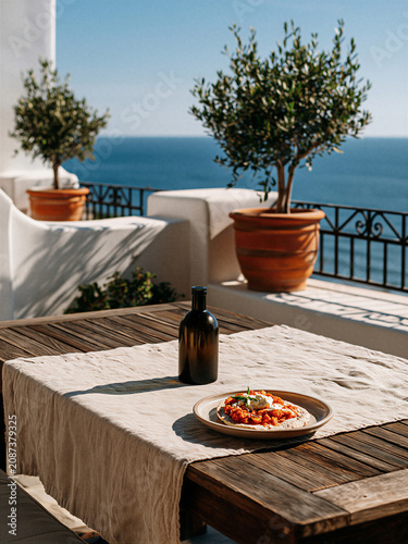 Mediterranean breakfast with tomato bruschetta on wooden table by seaside