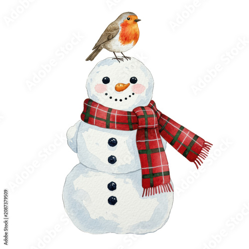 watercolor illustration of a whimsical snowwoman with a blueberry nose and rosy cheeks, wearing a plaid tartan scarf, with a european robin perched on her head. Concept of christmas friendship