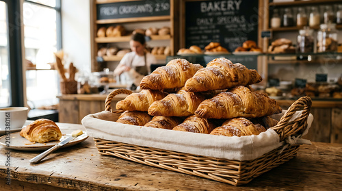 Freshly baked croissants on a wicker basket in a cozy bakery setting with a blurred chef in the background.