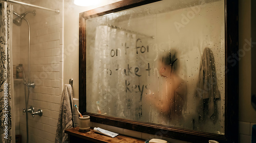 Foggy bathroom mirror with note to remember keys