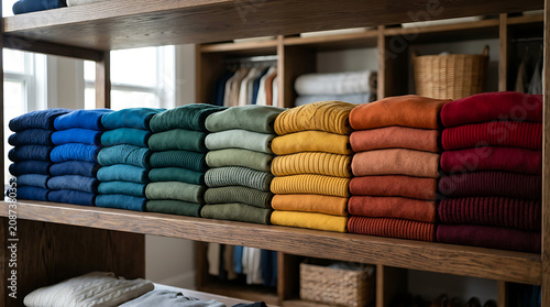 Neatly folded sweaters in various colors on a wooden shelf in a cozy clothing storage room with natural light
