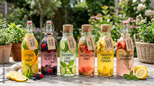 Six glass bottles of flavored water on a wooden table in a garden with fruits and herbs