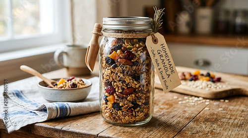 A glass mason jar of homemade granola with nuts and dried fruits on a wooden kitchen table with a bowl of granola and a cup in the background