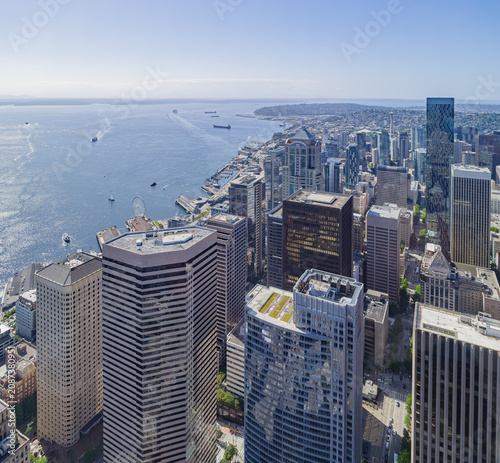 Aerial view of Seattle waterfront and downtown skyline
