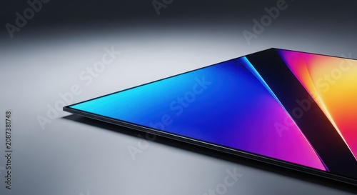 A close-up shot emphasizing the thin profile and bright digital display of a modern television screen resting on a clean surface, screen, monitor, liquid crystal