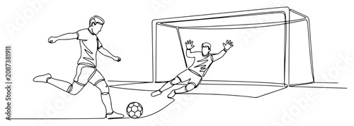 Принти на полотні Soccer player shooting a penalty kick while goalkeeper dives to save the ball in