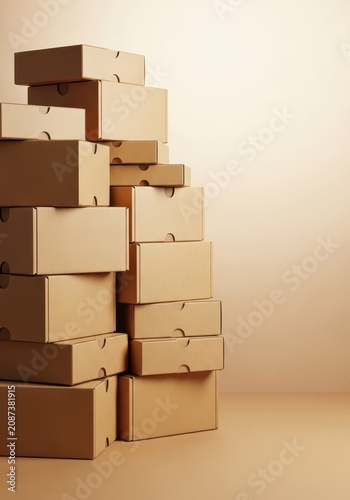 A pile of blank, sealed, recyclable brown kraft corrugated boxes used for storage, shipping, and delivery services, moving, cardboard, heavy