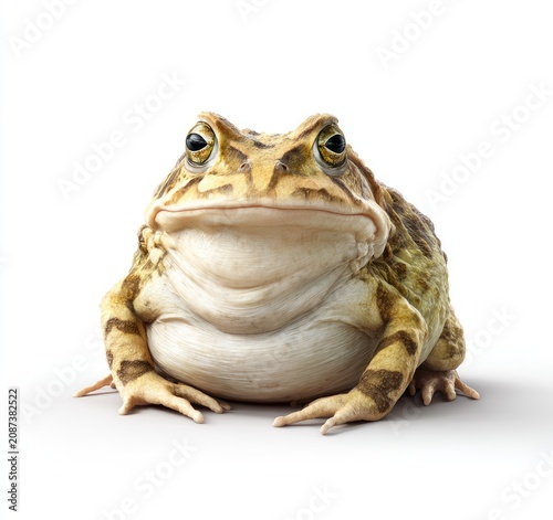 Close-up of a large toad, front-facing, on a white background