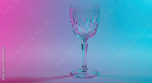 Elegant clear stemmed crystal vessel used for holding alcoholic beverages like wine or sparkling drinks, set against a simple background, party, reflection, still