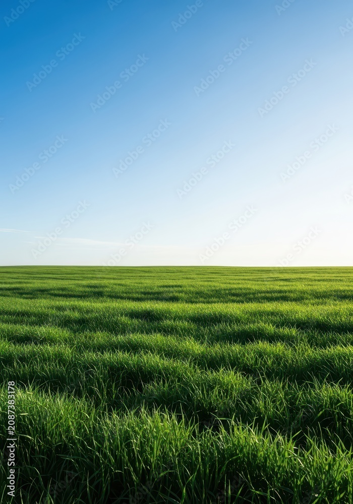 Obraz premium Wide open expanse of vibrant green grass under a clear blue sky, perfect for outdoor leisure activities or peaceful contemplation, ecology, grass, expansive
