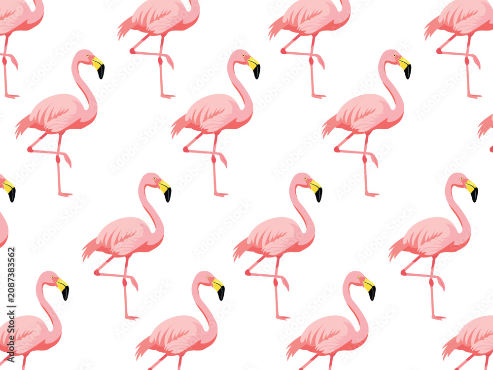 Obraz premium Pink flamingo bird seamless pattern isolated on white background flat vector illustration for summer textile print design.