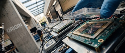 Microchip semiconductor worker testing circuit board in engineering lab environment, close up of technician gloved hand assembling computer hardware processor wafer with precision tech equipment parts