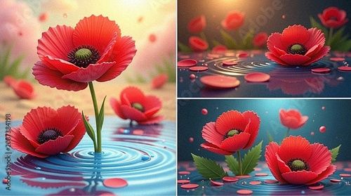 Poppy petals scattered on the water, red poppies in the water with circles on the water ,  beautiful photos for decoration and congratulations