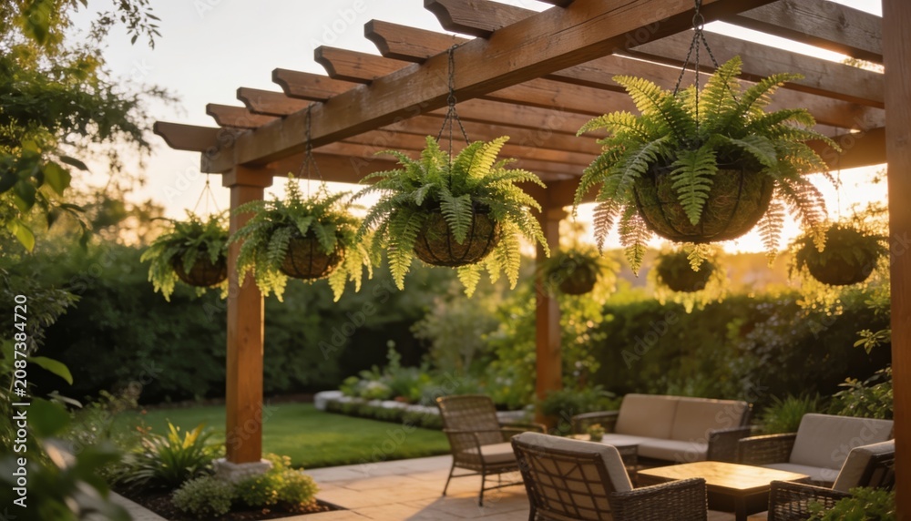 Fototapeta premium Artificial hanging fern basket decor above pergola lounge with warm sunset garden light